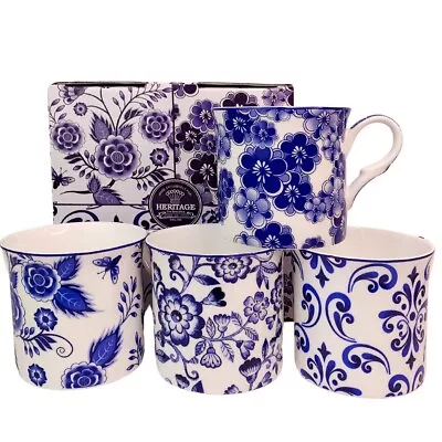 Buy Blue & White  Mugs Set Of 4  Bone China Floral Design Boxed Mug • 24.99£