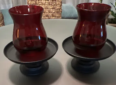 Buy Glass Hurricane Candle Holders Ruby  Red  With Clear Base PAIR 12” • 71.15£