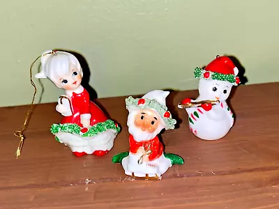 Buy Lot Of 3 Vintage Bone China Christmas Ornament Figures, Girl Snowman & Napco Elf • 11.38£