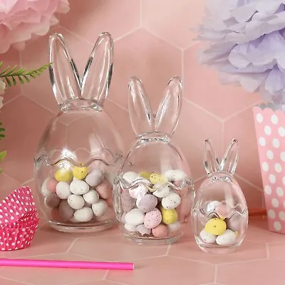 Buy Easter Bunny Sweets Jars Set Of 3 Clear Glass Candy Holders Rabbit Ears • 21.99£