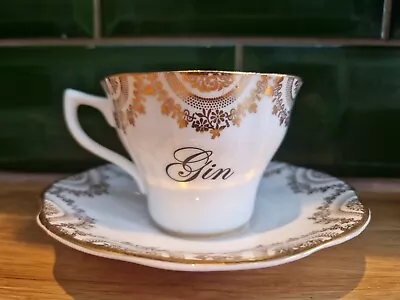Buy Vintage Gold And White Fine Bone China Tea Cup & Saucer With Gin Lettering Added • 5£