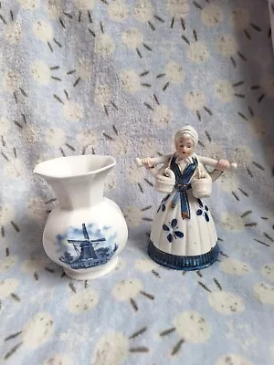 Buy Delft Blue Hand Painted Bud Vase Windmill & Floral Pattern & Milk Maid Holland • 12£