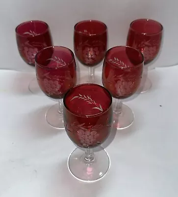 Buy Vintage Glass 6 Ruby Red Etched Pedestal Small Glasses Cut To Clear 4.5” Tall • 26.41£