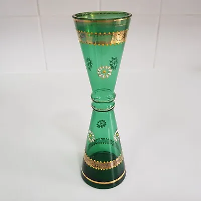 Buy Bohemian Emerald Green Glass Vase 20cm Czech Gilt Enamel Floral Antique • 30£