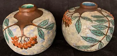 Buy Two OOAK Louis Dage Signed Art Deco Vases Hand-Painted Foliage Branches 1920s • 659.75£