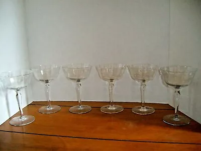 Buy Antique Set 6 Etched Glass Crystal Floral & Leaf Cordial-tall Stems • 44.17£