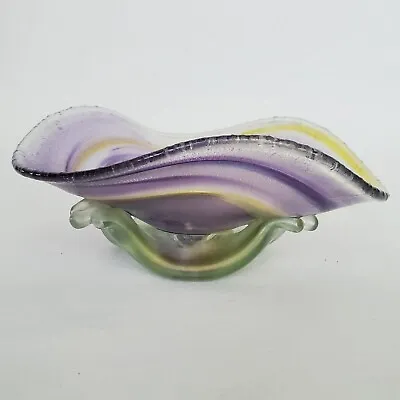 Buy Iridescent Free Form Abstract Hand Blown Studio Art Glass Footed Bowl 5-7/8  • 124.22£