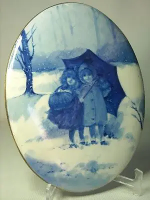 Buy Antique Doulton Burslem BLUE CHILDREN PLAQUE Children Under Umbrella Snow Storm • 149.95£