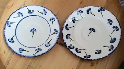 Buy Two Brixton Pottery Hand Painted Cornflower Saucers Small Plates • 12.50£