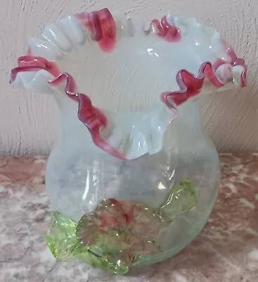 Buy Stevens & Williams Victorian Art Glass Vase W/ Applied Vaseline Glass Floral • 153.68£