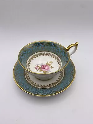 Buy Aynsley Tea Cup And Saucer, Bone China, Turquoise And Gold, Pink Rose.  • 35£