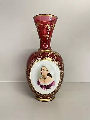 Buy Antique Glass Cameo Moser Ruby Gold Hand Painted Portrait Vase Bohemian Art • 285£