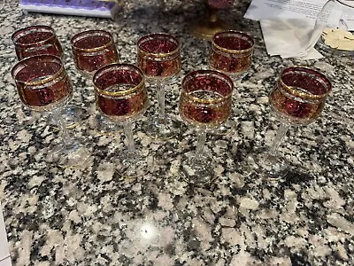 Buy 8 Bohemian Cranberry Red Gold Wine/Cordial Goblets Antique Glass Poss. Moser? • 76.71£