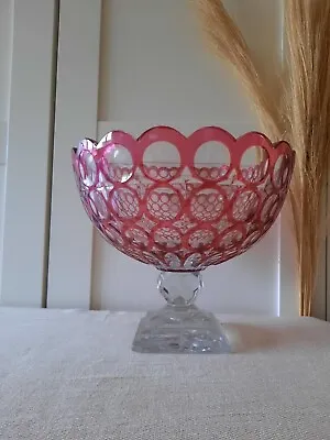 Buy ANTIQUE Vintage Bohemian Cut Clear RUBY CRANBERRY Footed Glass Bowl Pedestal Lrg • 195£