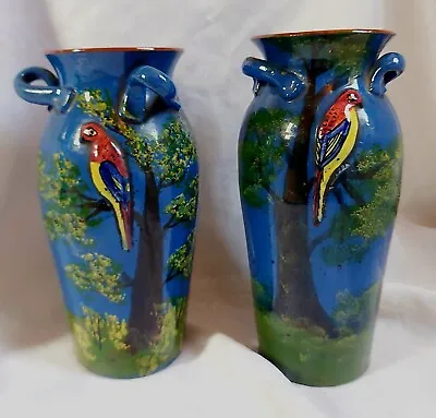 Buy Pair Of 1920's Torquay Pottery 3D Parrot Vases. Vintage Handmade Art Pottery. • 45£