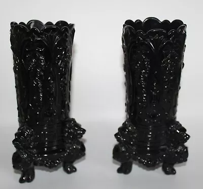 Buy Pair Antique Davidsons Black Pressed Glass Vases Floral With Lion Masks & Feet • 19.99£