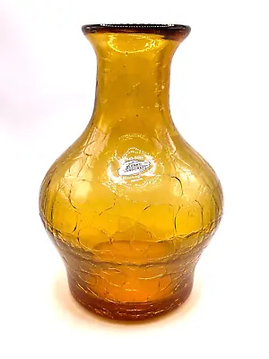 Buy BLENKO Retired Amber Crackle Glass Bulbous Vase 8  Mint With Sticker • 56.16£