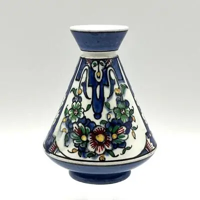 Buy Vintage French Faience Hand Painted Blue Floral Conical Bud Vase 10cm Tall • 14.99£