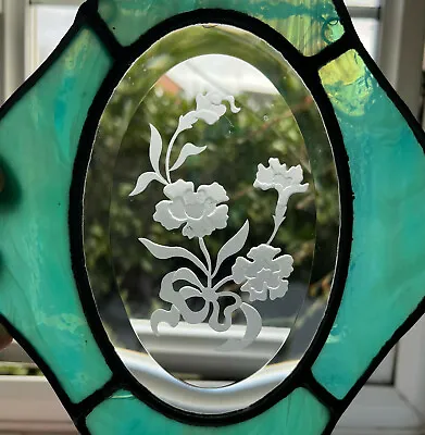 Buy Stained Glass Panel Wall Hanging Vintage Etched Carved Lead Green Flowers Bow • 86.93£