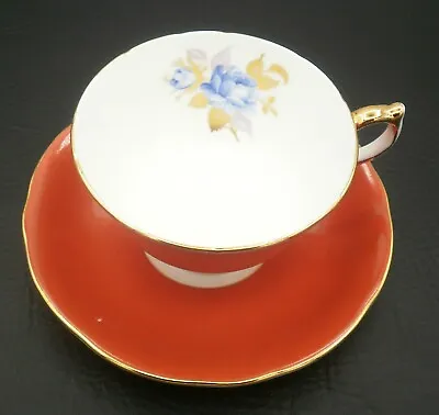 Buy Aynsley Burnt Orange Blue Floral Footed Teacup And Saucer Gold Accents Vintage • 16.60£