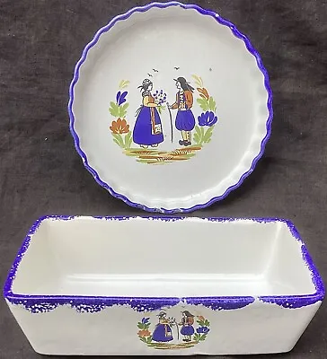 Buy Pair Of Vintage Illustrated Breton Pottery Henriot Quimper Oven Dishes • 30£