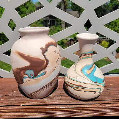 Buy (2) Nemadji USA Pottery Vases Turqoise, Brown, Tan, Cream Swirl - 7  & 6   Tall • 28.81£