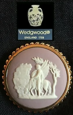Buy WEDGWOOD Lilac Jasperware Brooch, Gold Coloured Mount Rare Scene Pegasus • 90£
