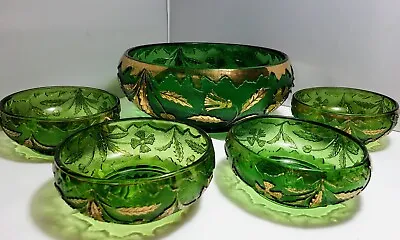 Buy EAPG Green Gold Delaware Glass SET 1 Large Bowl & 4 Berry Bowls Individual Bowls • 47.24£