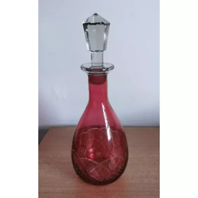 Buy Vintage Cranberry Cut Glass Decanter With Stopper - Victorian Style / Bohemian  • 9£