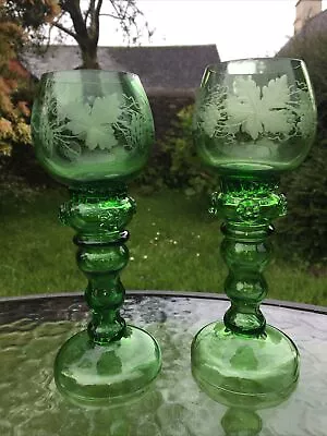 Buy Bohemian Czech Hock Wine Goblets Roemer X 2 Glasses Vine Pattern Vintage • 190£