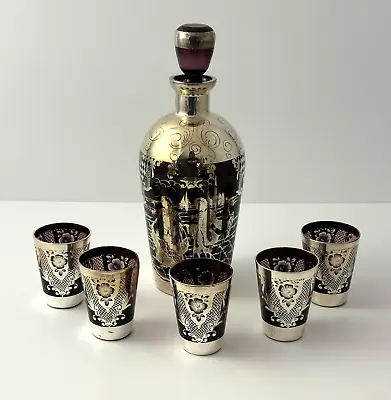 Buy Czech Silver Painted Amethyst Glass Decanter With 5 Cordial Shot Glasses • 165.63£