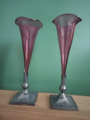 Buy Pair Antique Art Nouveau Cranberry Glass Bud Posy Vases EPNS Silver Plated Bases • 42£