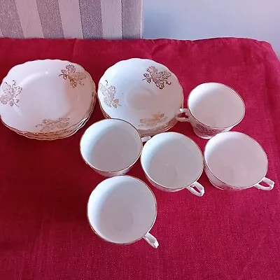 Buy English Bone China , Gold Leaf Design ,Gold Trimmimg, 5 Cups & Saucers, 3 Plates • 22£