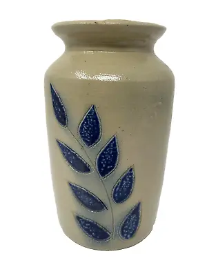 Buy Vintage Salt Glazed Pottery Crock Vase Blue Gray Leaf Pattern • 19.25£