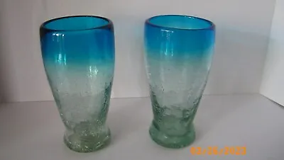 Buy Mexican Hand-Blown Crackle Glass Tumbler Turquoise Rims Glasses Set Of 2 EUC • 23.66£
