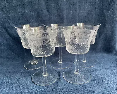 Buy Set Of 5 Small Vintage Etched Cut Dessert Wine Cordial Sherry Liqueur Glasses • 16.99£