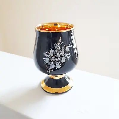 Buy 70's Vintage Prinknash Pottery Goblet / Wine Glass - Black, Gold, Floral Detail • 18£