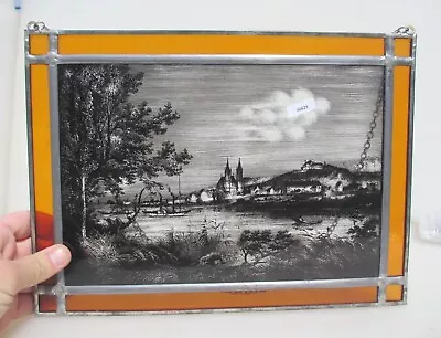 Buy Vintage Stained Glass Window Hanger Panel  City Scene River Nature Trees 13 W • 40£