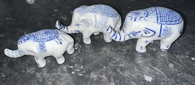 Buy 3 X Vintage Small Pottery Elephants Mandala Ethnic Pattern Blue And White • 12.99£