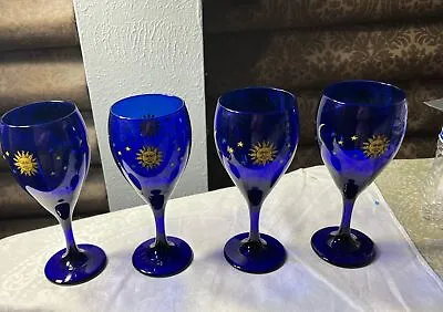 Buy Vintage Libbey Cobalt Blue Celestial Moon & Stars Stemmed Wine Glasses (4) • 61.76£