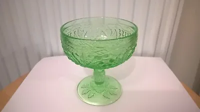 Buy Compote Pedestal  Bowl  Green Clear  Pressed Glass Leaf Design & Bubbles • 5.99£
