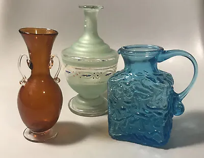 Buy Vintage Glass Lot Of 3 Antique Small Pitcher Vase Blue Brown Aqua Mix Lot • 21.88£