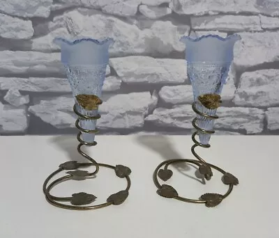 Buy VINTAGE !!! SET Of 2 GOLD Tone Metal & BLUE CUT GLASS Candle Holders - 16cm Tall • 54.99£