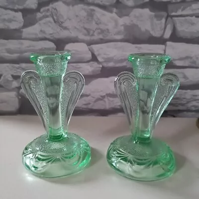Buy VINTAGE !!! ART DECO Set Of 2 - ORNATE GREEN GLASS Candle Holders Size: 13 X 8cm • 19.99£