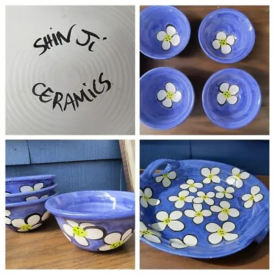 Buy Studio Art Pottery Platter Bowl Set Shin Ji Ceramics Signed Flowers Blue   • 64.41£