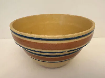 Buy Antique Yellow Ware Stoneware 7” PINK BAND BLUE STRIPED Mixing Bowl, Fluted • 85.05£