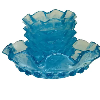 Buy Davidson Art Deco VTG Pressed Glass Dessert Bowls Aqua Blue Blackberry Prunt Six • 39.99£