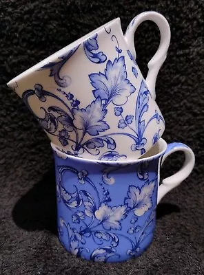 Buy Pair Of Blue & White Floral Pattern Stoke On Trent Bone China Mugs By Heritage • 5.99£