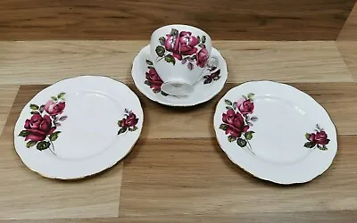 Buy Vintage Queen Anne Dark Pink Roses Cup & Saucer & 2 Tea Plates • 8.99£