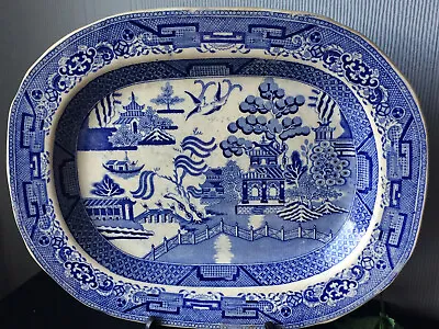 Buy Crack -Large Antique Oval Meat Plate Blue Willow Pattern Ceramic Serving Platter • 12.99£